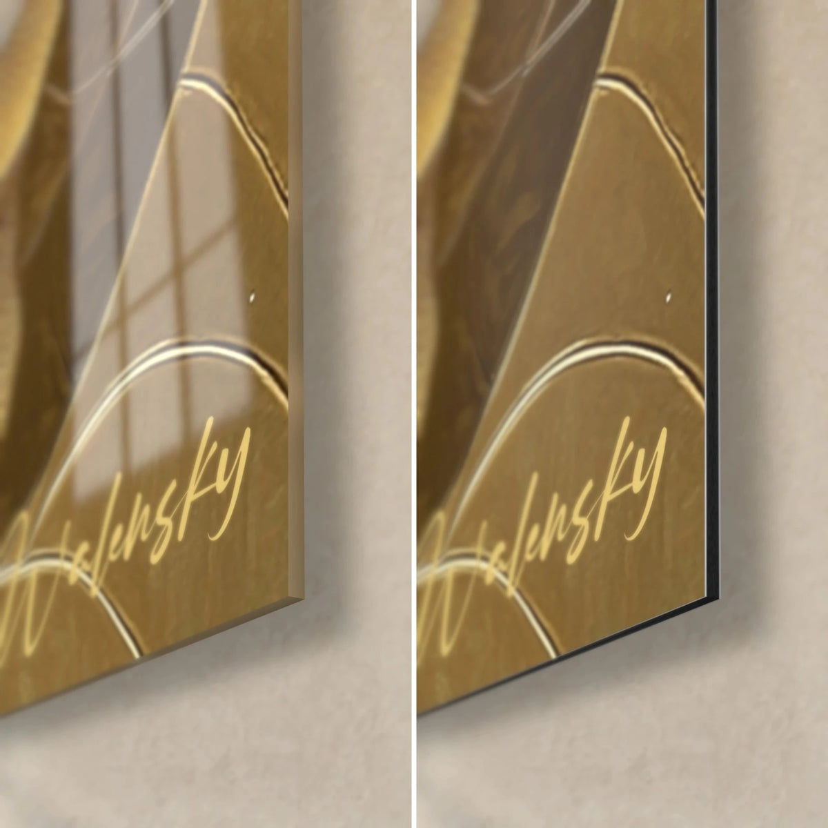 Schilderij met goudkleurig en nachtblauw gebladerte, rechter onderhoek van glanzend glas met reflecties en mat Dibond, rand van 3 mm