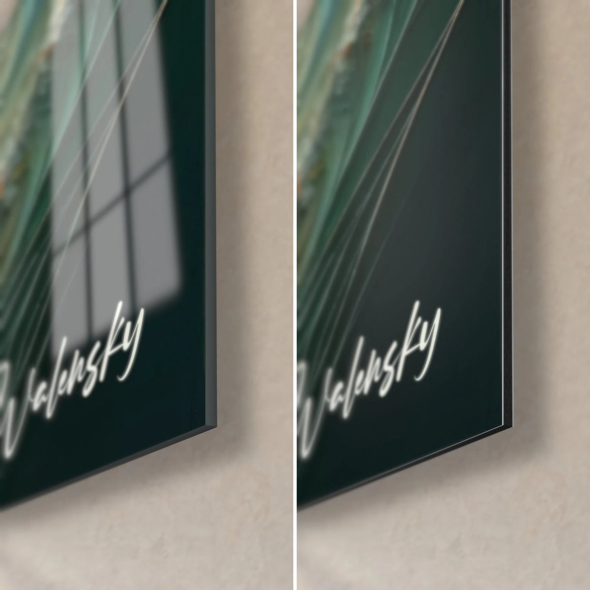 Tableau tigre blanc, coin bas droit : verre acrylique brillant aux reflets vert profond, alu Dibond mat, tranche de 3 mm