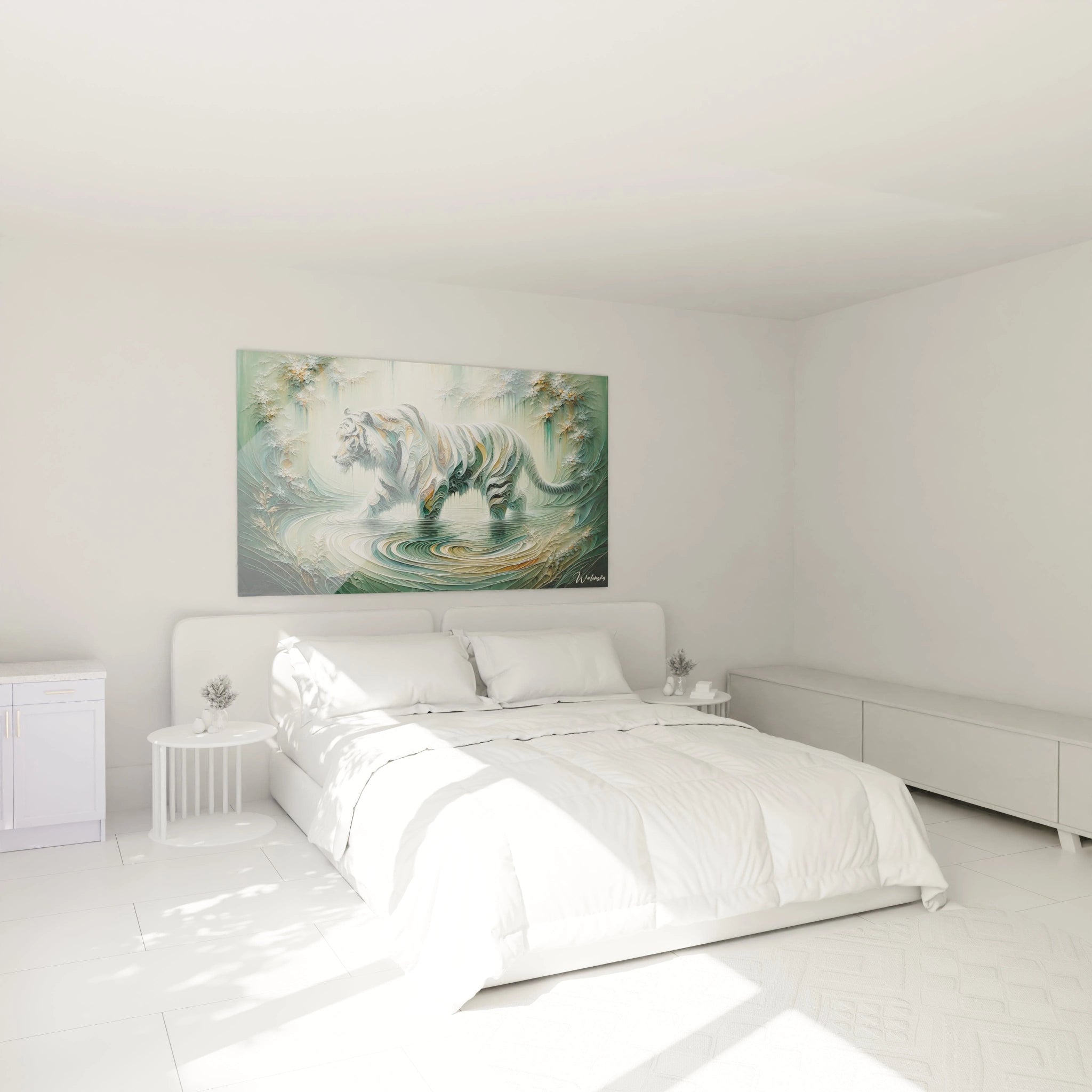 Accroché au-dessus du lit, ce tableau tigre apporte une touche de noblesse et de sérénité à la chambre. Ses couleurs naturelles s’intègrent parfaitement à un décor doux et épuré, créant une atmosphère apaisante.

