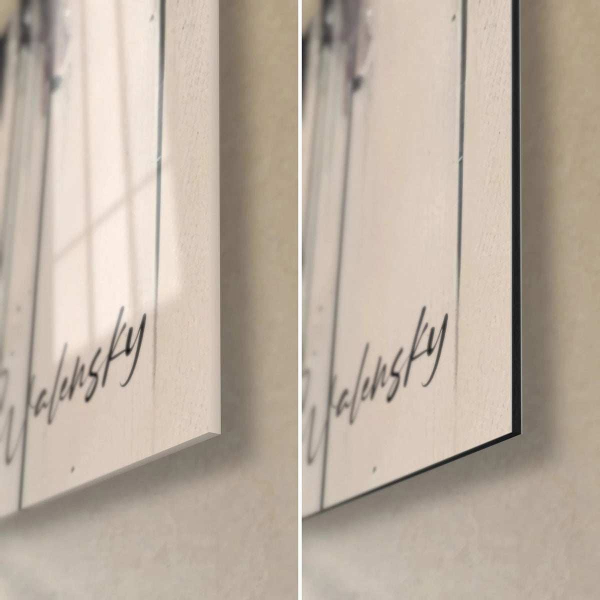 Wall art black monkey, bottom right corner: glossy acrylic glass on the left, matte brushed Dibond aluminium on the right, thin edge and black signature