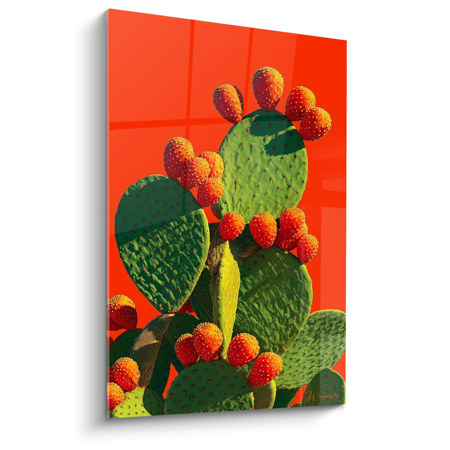 Tableau Figuier de Barbarie Rouge et Vert sur Fond Orange Vif - Explosion Désertique - Edition Cubisme