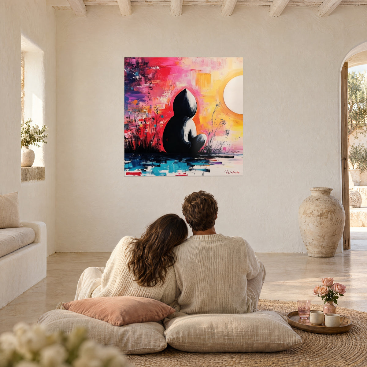 Gemälde nachdenkliche schwarze Gestalt von hinten unter einem großen weißen Kreis, rosa und gelbe Nuancen, cremefarbene Wand eines Wohnzimmers mit Bodenkissen