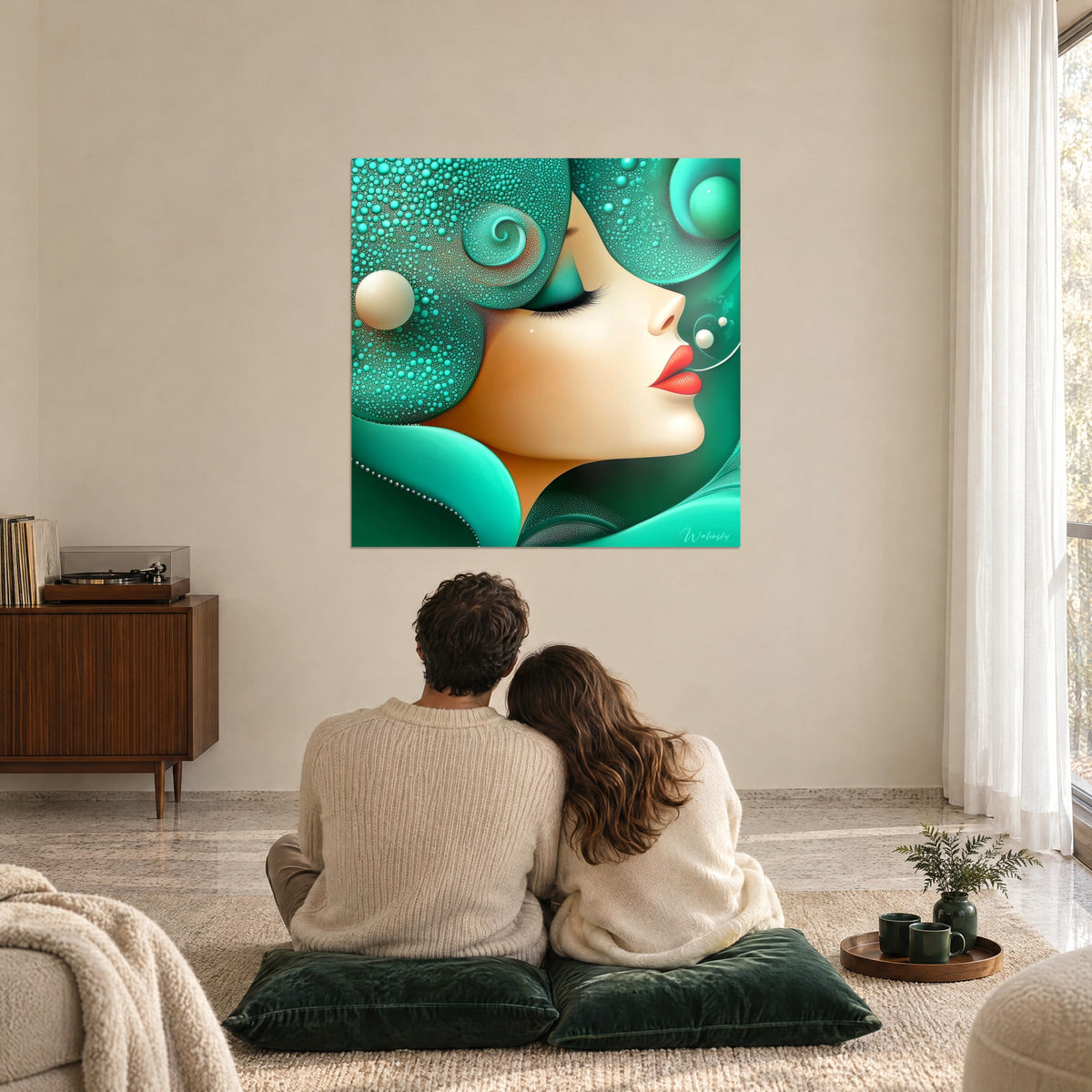 Cuadro sirena gráfica de cabello turquesa espumoso, mejilla melocotón y labios naranja vivo, contemplada por una pareja sentada sobre cojines