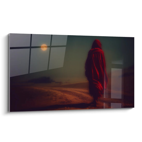 Schilderij met mysterieus rood figuur - Stille contemplatie - Woestijneditie