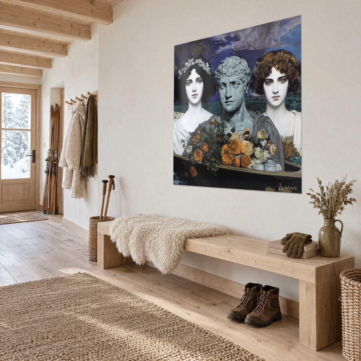 Cuadro de estilo prerrafaelita con un busto de piedra entre dos jóvenes, cielo índigo y rosas ocres, sobre un banco de chalet