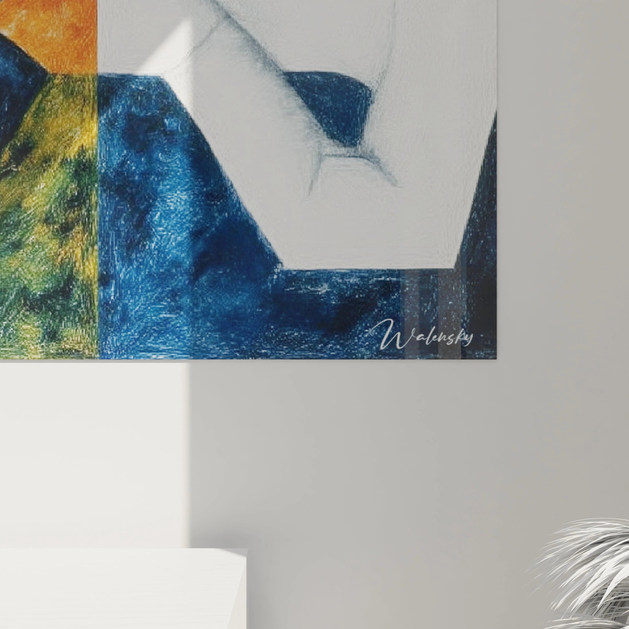 Tableau mural Walensky abstrait blocs bleus jaunes blancs signature visible style tableau constructivisme moderne salon