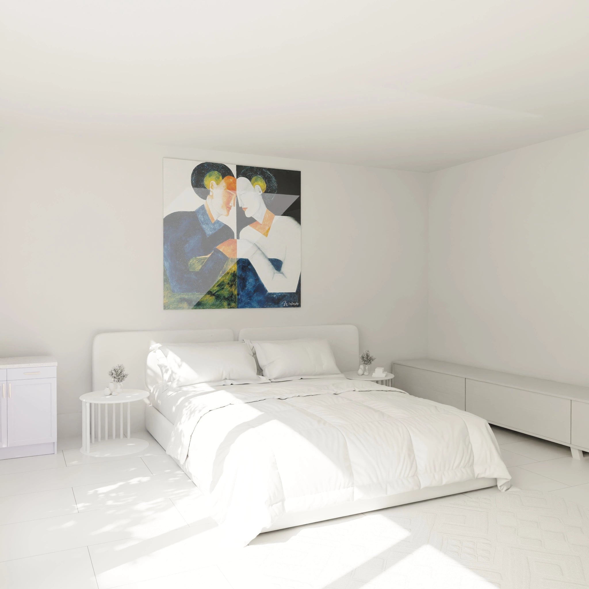 Tableau mural Walensky au dessus d un lit blanc minimaliste, peinture géométrique de deux figures, tableau constructivisme moderne