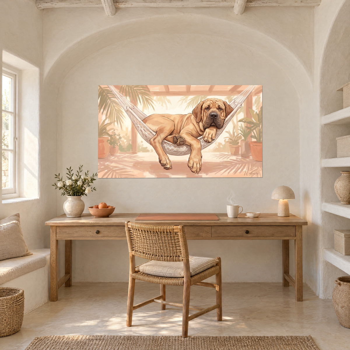 Schilderij fila brasileiro dut in de hangmat, poot op de rand, olijfgroene palmen en roze okertinten, tegenover een bureau van licht hout