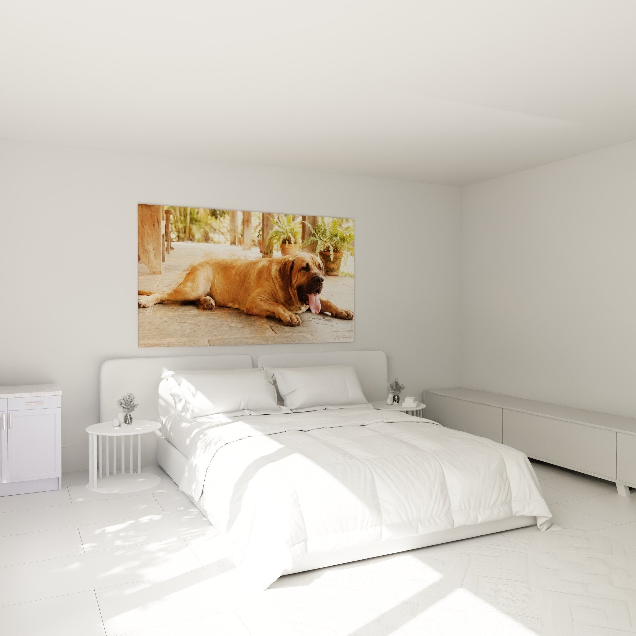 Tableau Fila Brasileiro fauve dans chambre moderne, décoration murale chaleureuse aux tons dorés naturels