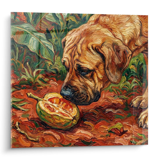 Expressionistisches Gemälde Hund Fila Brasileiro wildes goldenes Fell wirbelnde Pinselstriche farbiger grüner Garten zartes Aussehen