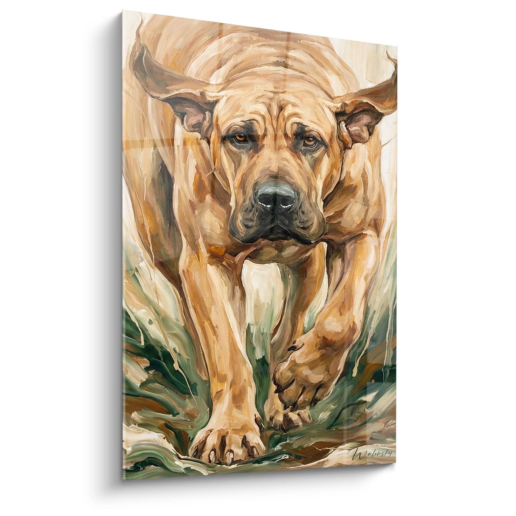 Tableau peinture Fila Brasileiro fauve en mouvement tons ocre verts style expressif chien puissant portrait