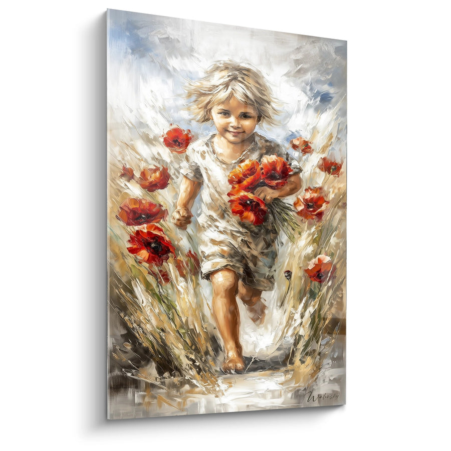 Tableau fillette aux cheveux blonds courant dans champ de fleurs rouges - Innocence Écarlate - Edition Coquelicot