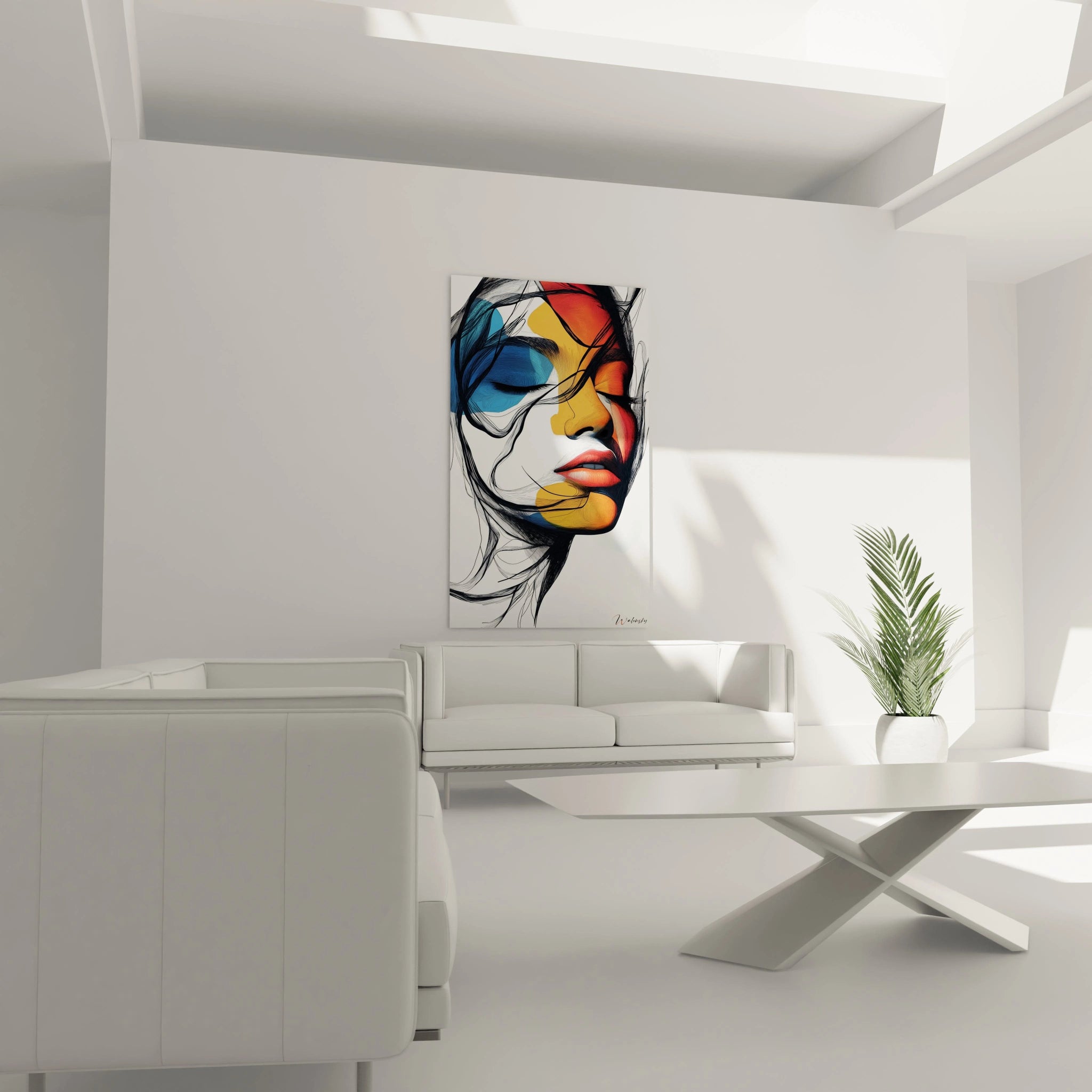 Un tableau visage abstrait expressionniste présentant une composition bicolore bleue et orange, avec des traits noirs calligraphiques, un œil fermé et des lèvres rouge intense sur un fond blanc épuré.
