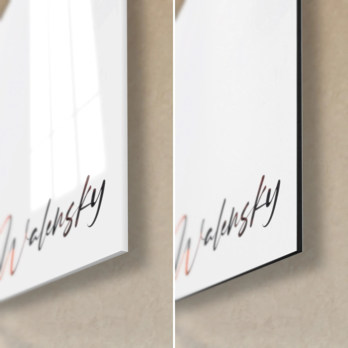Gemälde abstraktes Gesicht, untere rechte Ecke: rote und schwarze Walensky-Signatur, glänzendes Glas links, mattes Dibond rechts