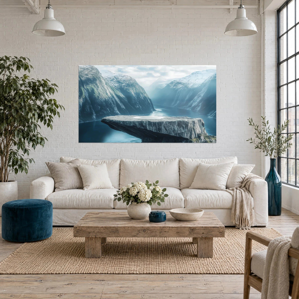 Gemälde Gletscherfjord mit stahlblauen Klippen und weißem Schnee, graue Felsnase überhängend, über einem Sofa in einem hellen Wohnzimmer