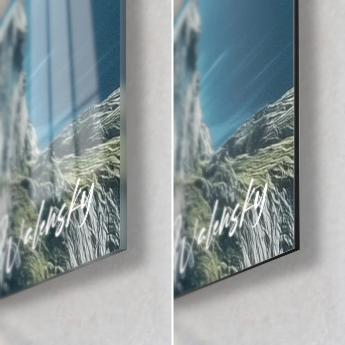 Gemälde Fjordlandschaft, untere rechte Ecke: glänzendes Acrylglas mit Reflexen links, mattes Dibond-Aluminium rechts, 3 mm schwarze Kante