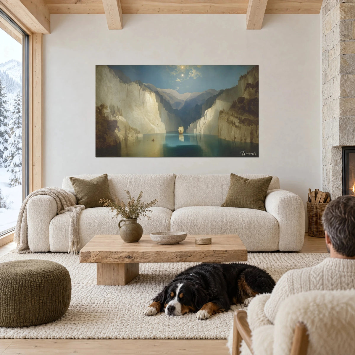 Tableau fjord clair-obscur et falaises ivoire sous deux astres, voilier solitaire sur eau turquoise, chien couché, canapé salon lumineux