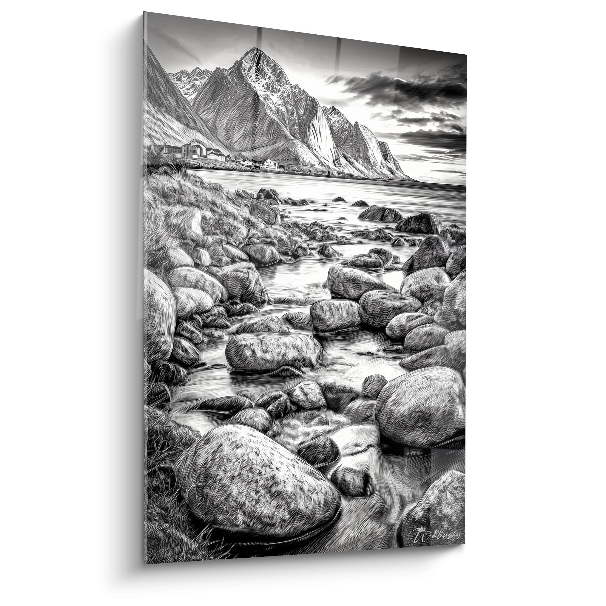 Tableau noir et blanc fjord norvégien avec rivage rocheux et montagnes enneigées art mural scandinave