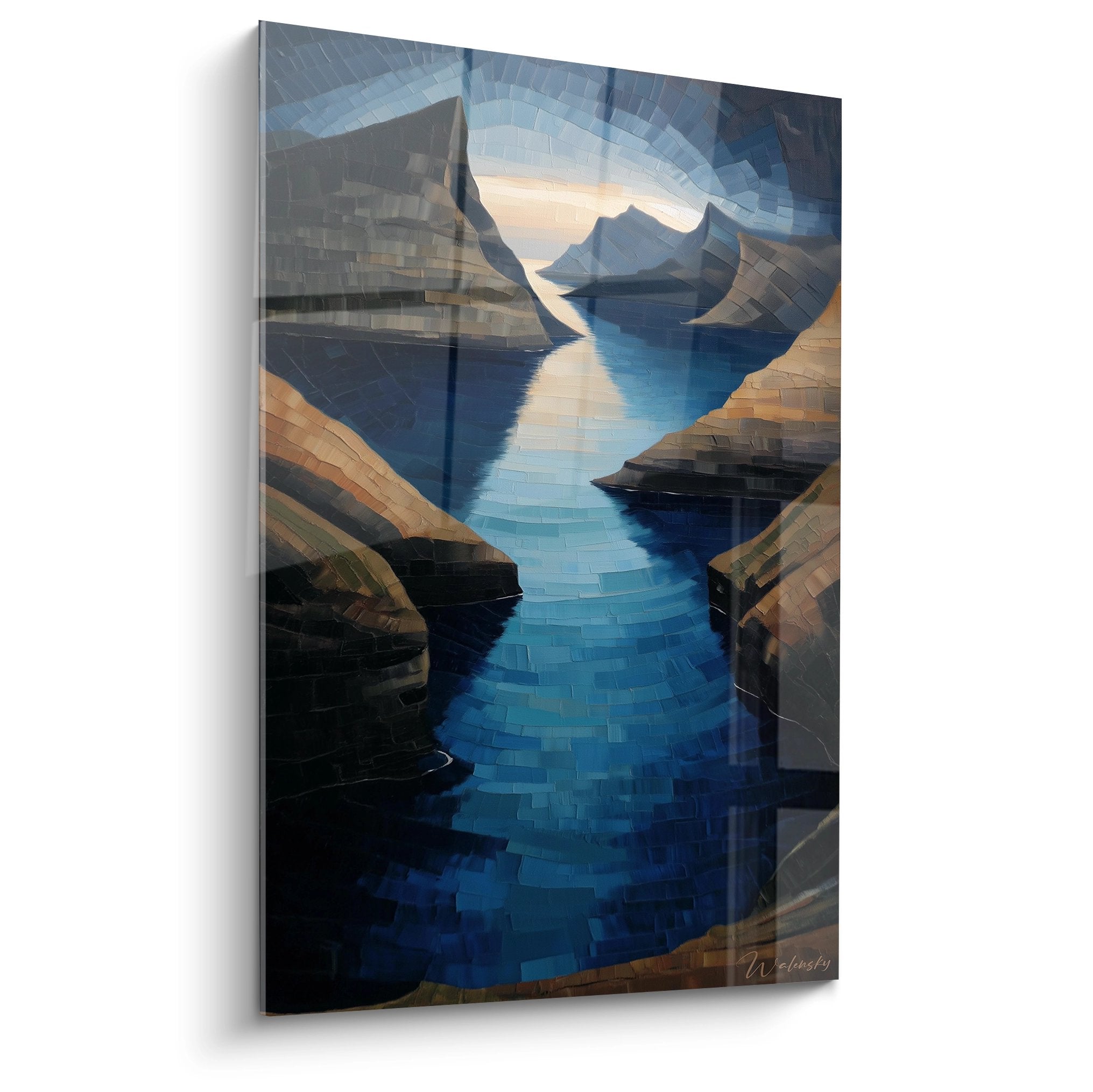 Tableau fjord scandinave aux eaux turquoise entre falaises ocre, style mosaïque numérique