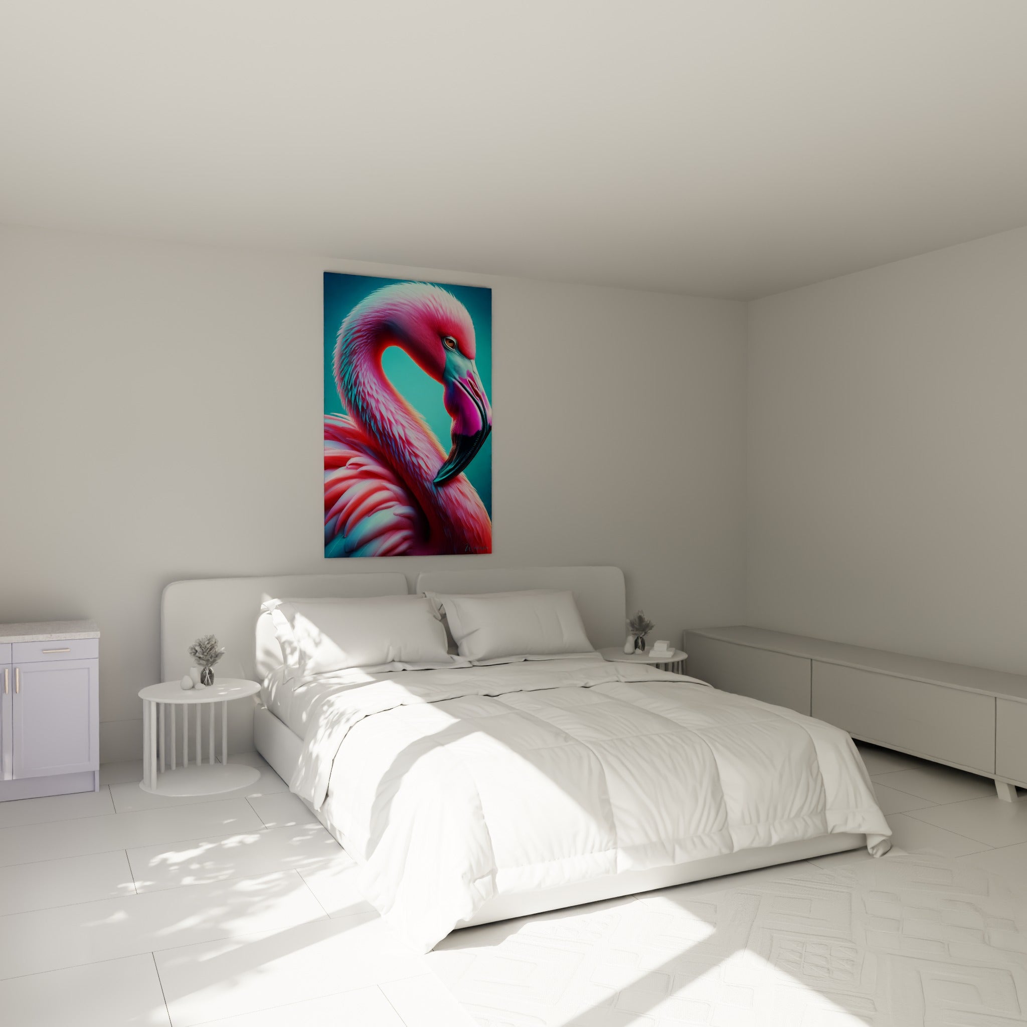Flamand rose fuchsia et bleu cyan, plumage texturé, accroché au-dessus d'un lit dans une chambre claire