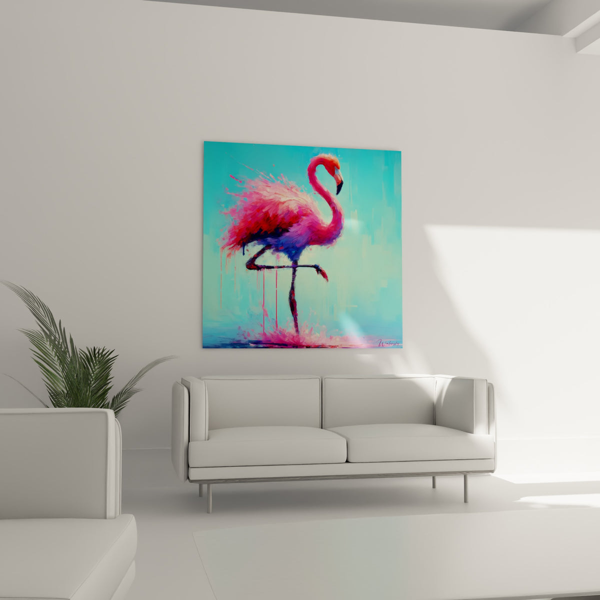 Oiseau rose vif au bec noir et blanc, disposé au-dessus d'un canapé dans un salon lumineux