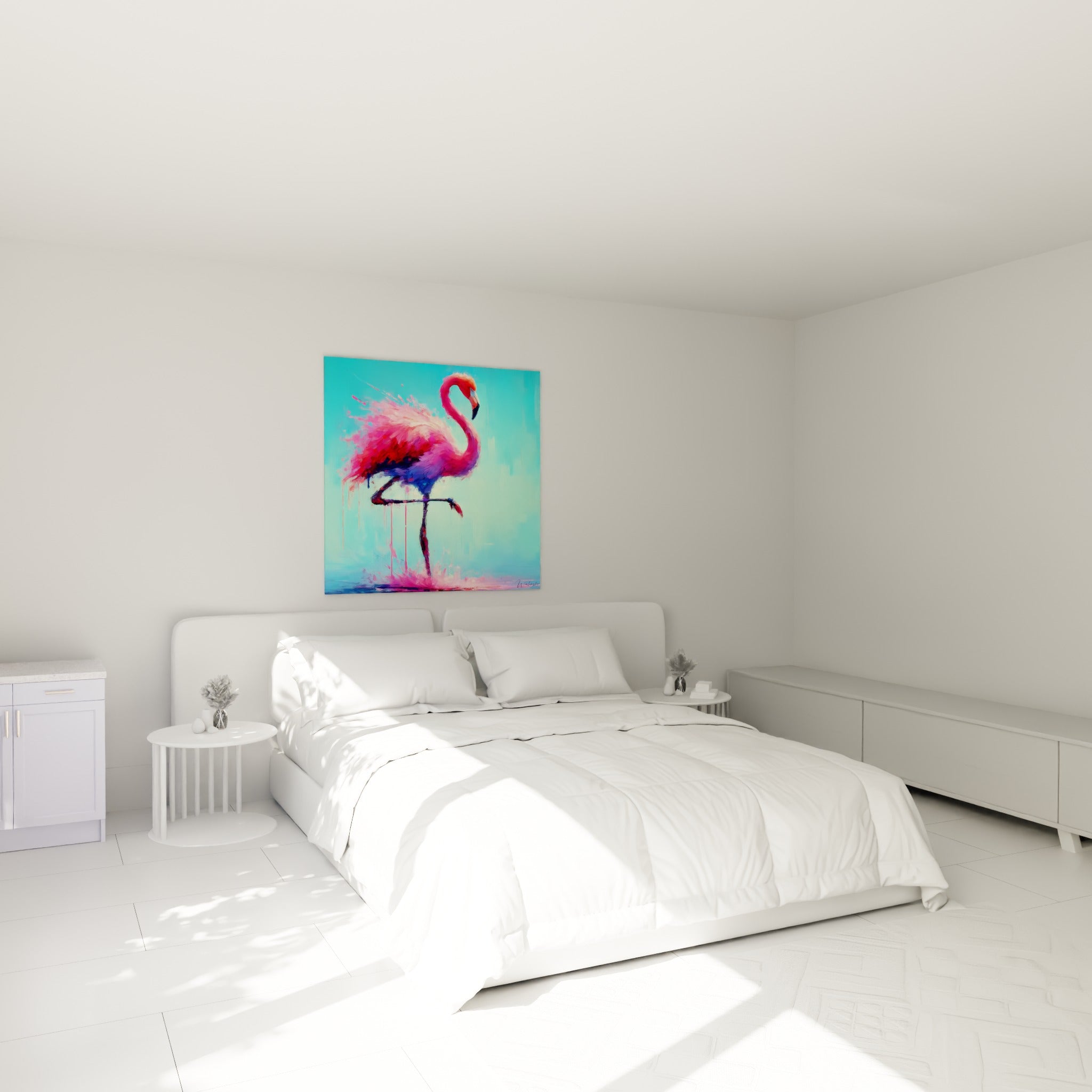 Silhouette rose et orangée du flamant, accrochée au-dessus d'un lit dans une chambre claire