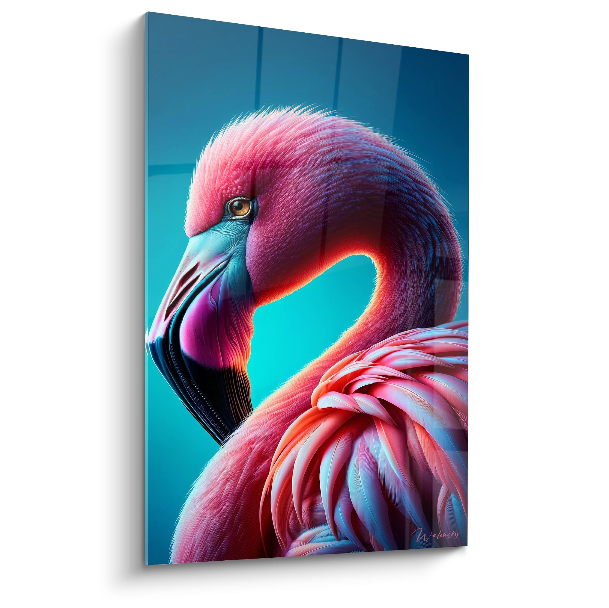 Flamand rose au cou recourbé, plumage rose fuchsia et bleu turquoise, fond dégradé lumineux