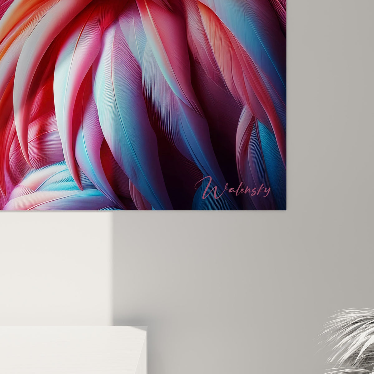 Plumes du flamand rose en gros plan, dégradés rose pâle et bleu ciel, texture graphique détaillée