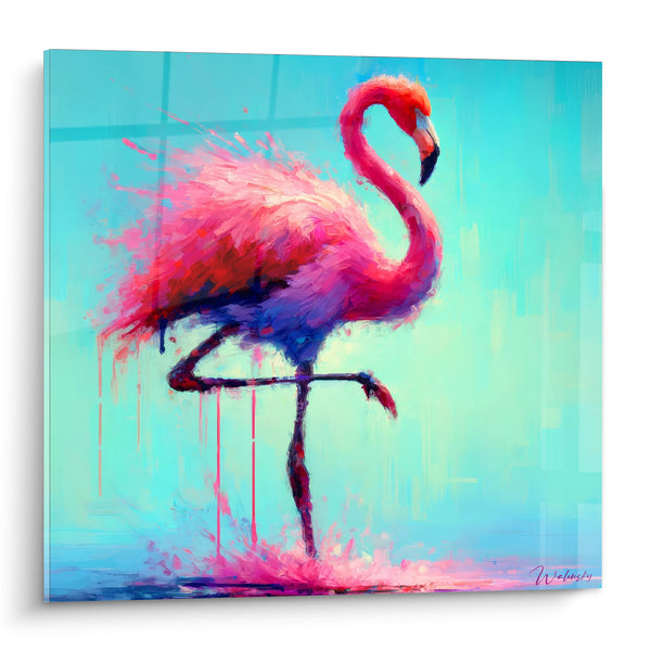 Tableau Flamant rose sur fond turquoise éclaboussé - Équilibre lagunaire - Edition Flamand rose