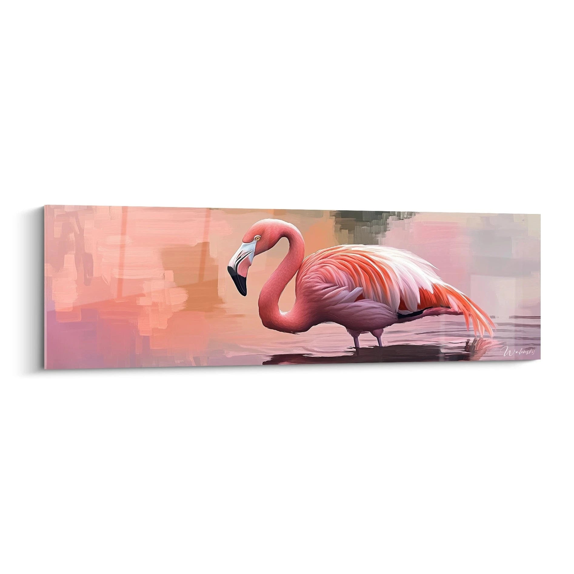Tableau Flamant Rose de Walensky avec des Teintes Douces et Abstraites en Fond