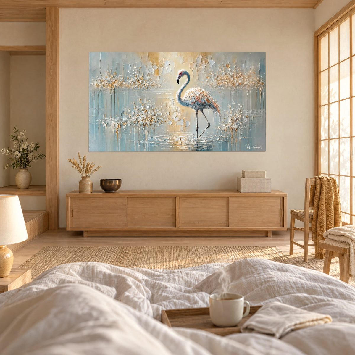 Cuadro pájaro rosa pálido de patas finas, ondas blancas sobre agua turquesa y toques dorados en relieve, encima de una cama en un dormitorio luminoso
