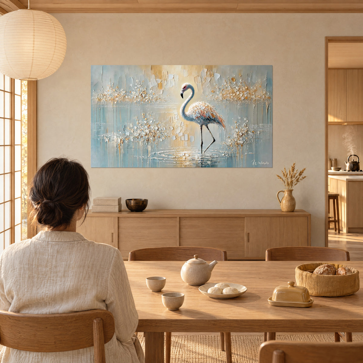 Cuadro flamenco reflejado en el agua, plumaje blanco y anaranjado en escamas pintadas, fondo azul celadón dorado, frente a una mesa de comedor de roble