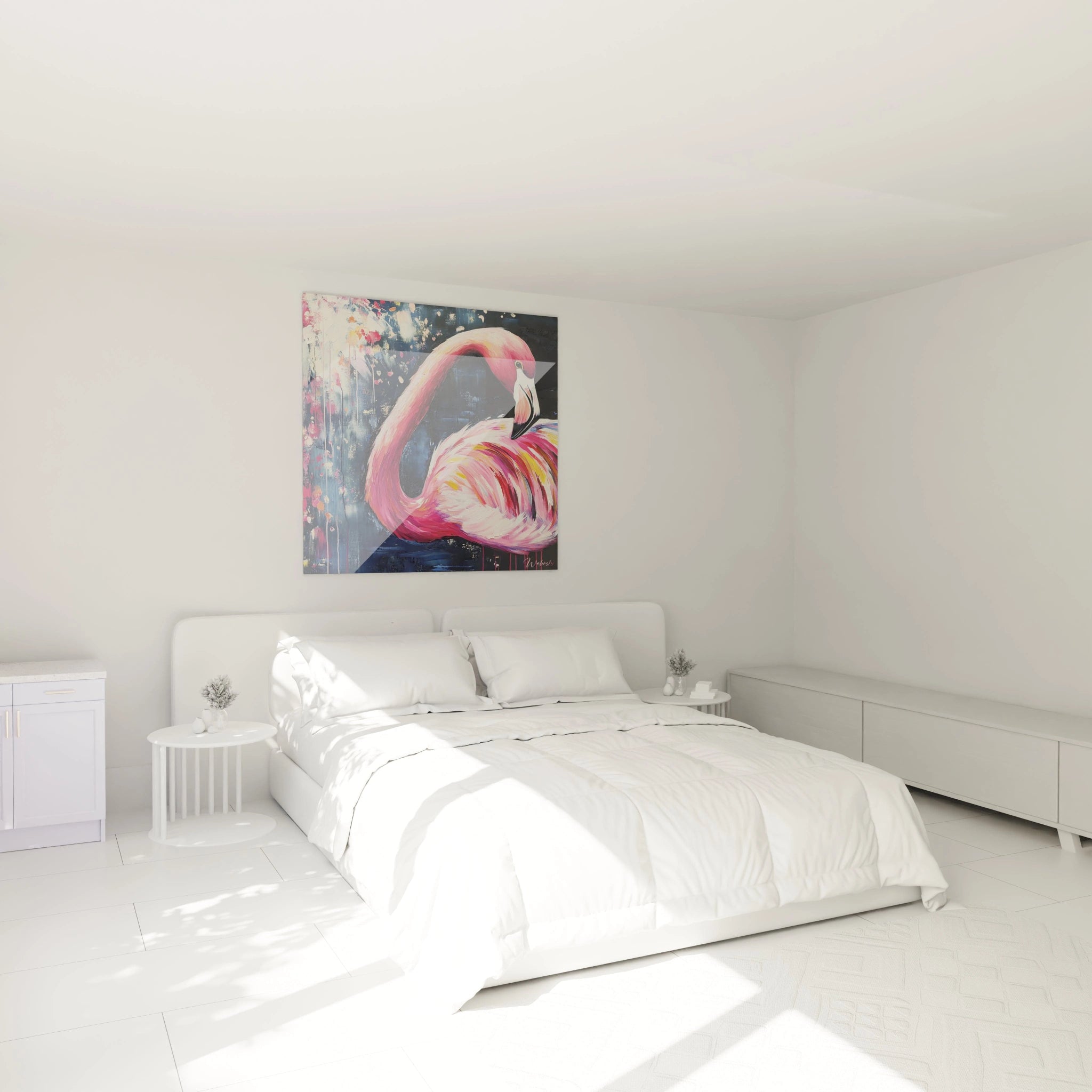 Tableau flamand rose de Walensky accroché au mur dans une chambre moderne et lumineuse