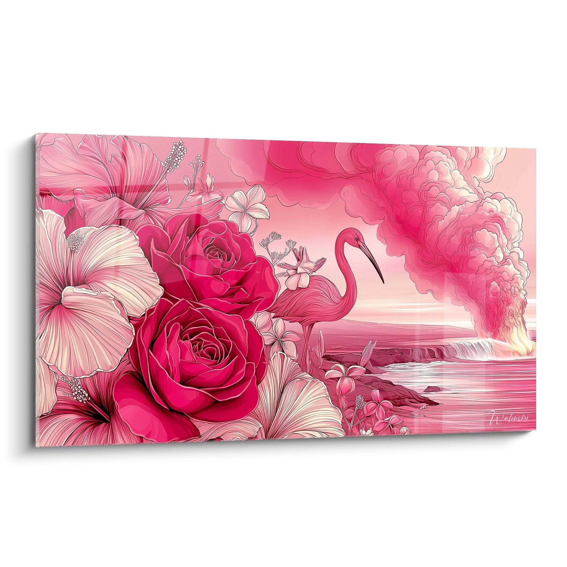 Tableau mural flamant rose entouré de fleurs tropicales roses et hibiscus dans une ambiance paradisiaque