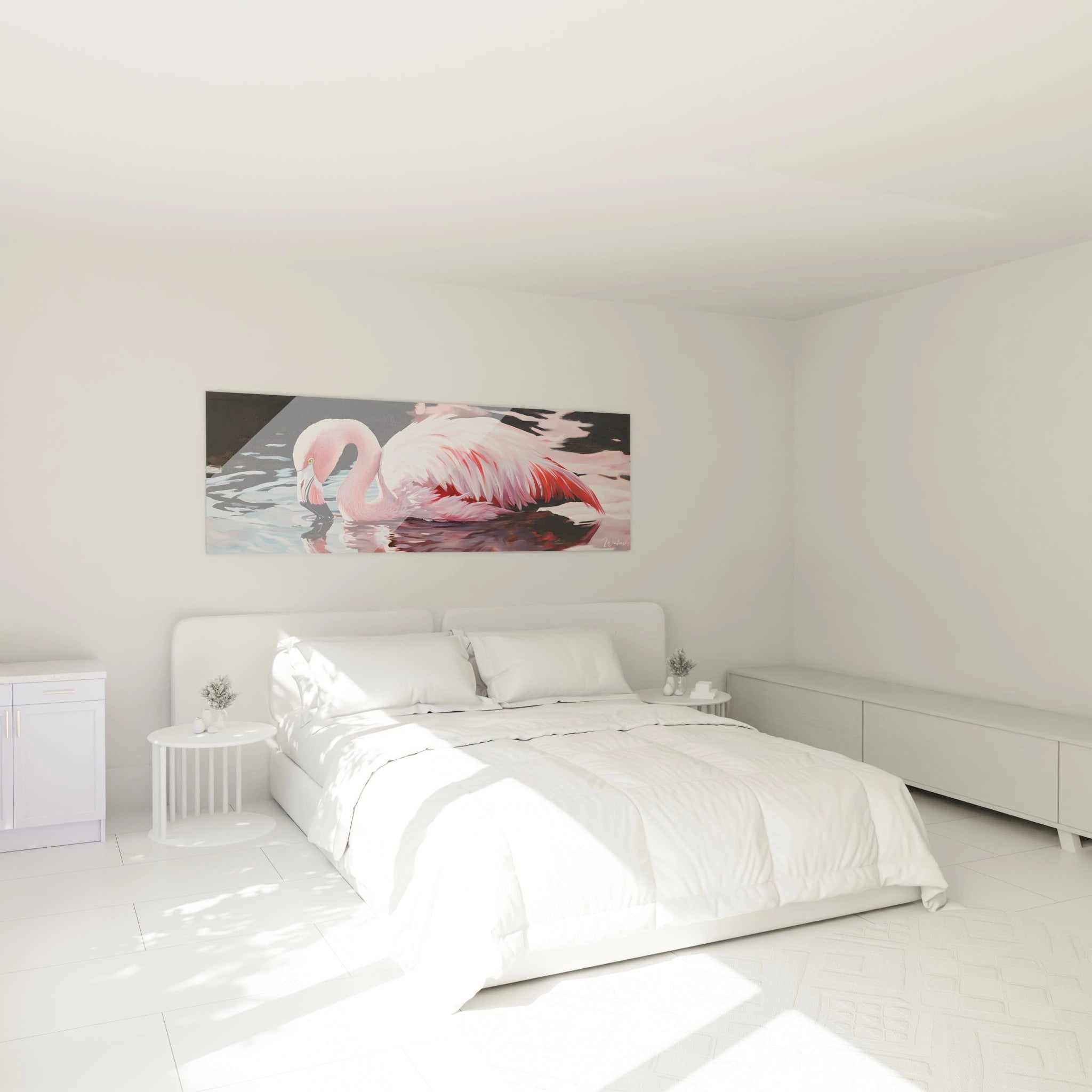 Tableau flamand rose Walensky sur un mur dans une chambre moderne avec lit blanc