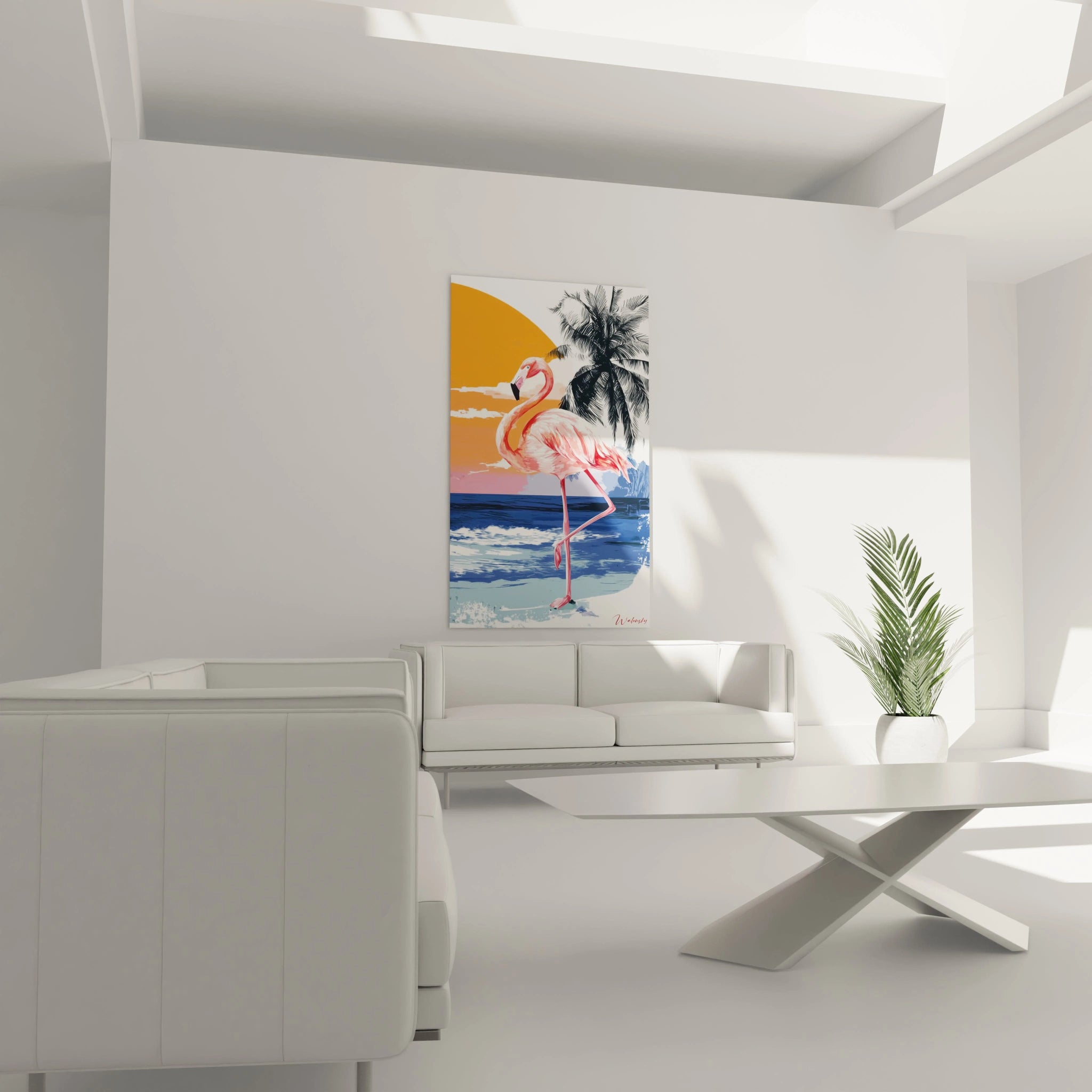 Walensky tableau flamant rose décoration murale coloré sur plage coucher de soleil pour salon moderne