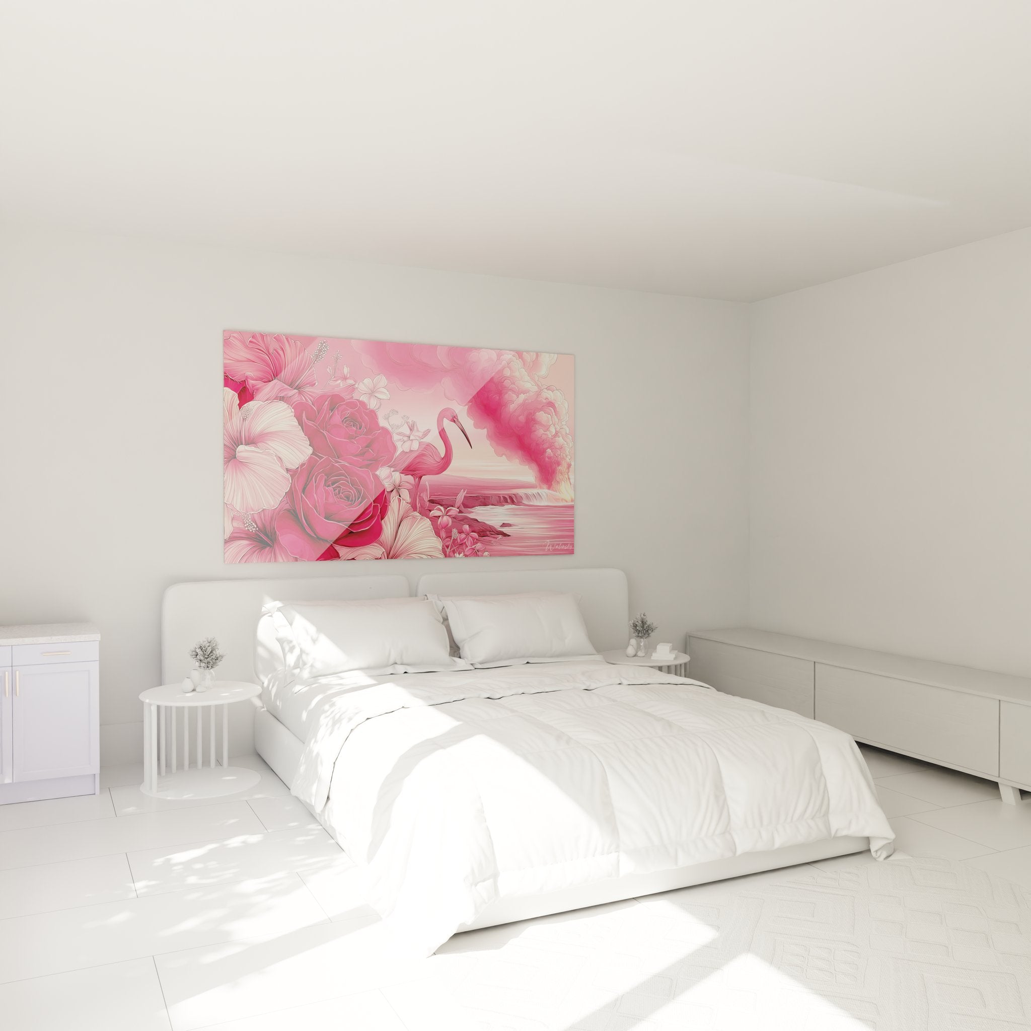 Tableau flamant rose tropical installé dans une chambre moderne pour une décoration exotique élégante
