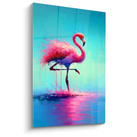 Tableau Flamant rose sur fond turquoise éclatant - Danse aquatique - Edition Flamand rose