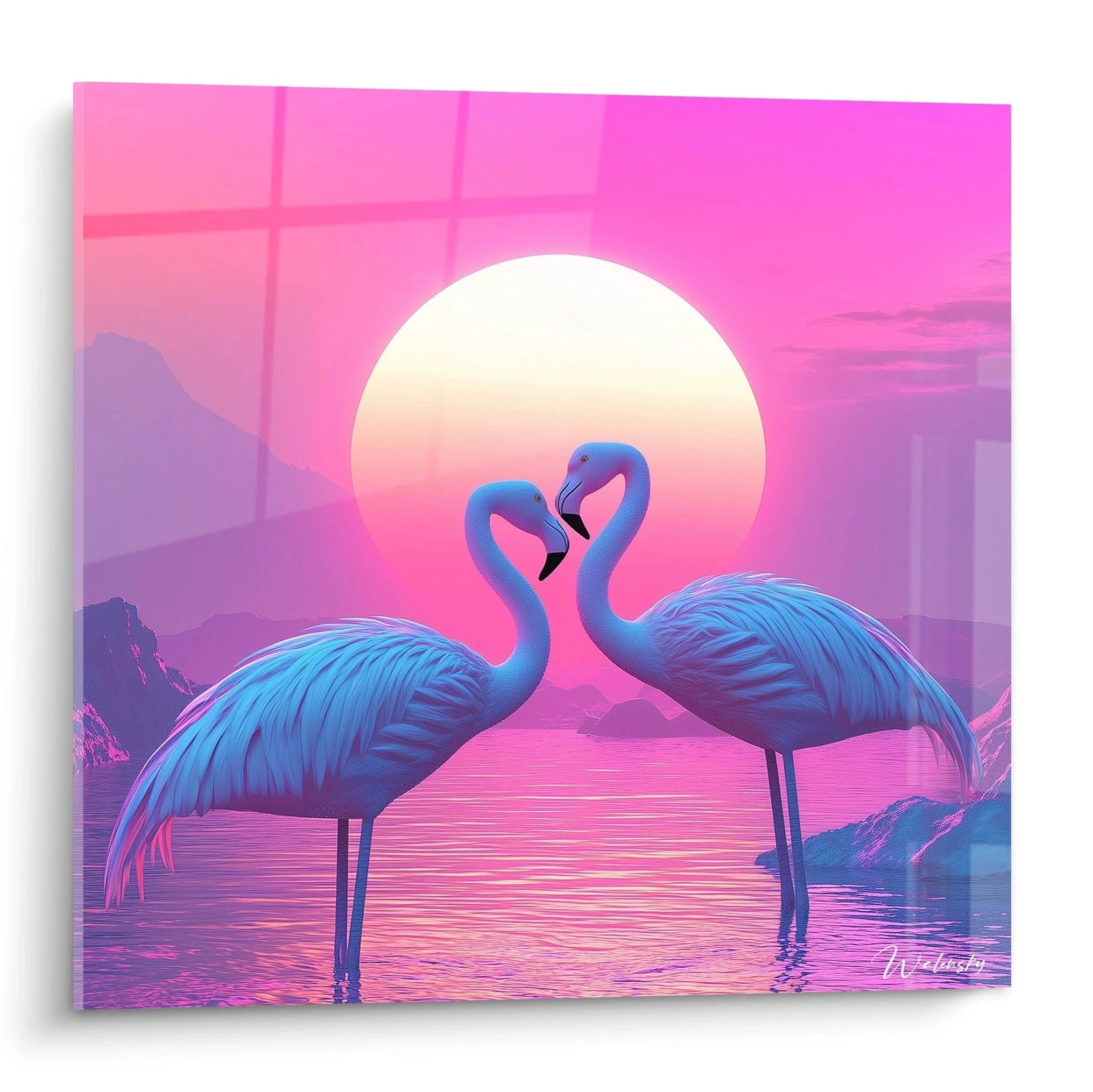 Tableau flamand rose Walensky avec un coucher de soleil vibrant et deux flamants amoureux
