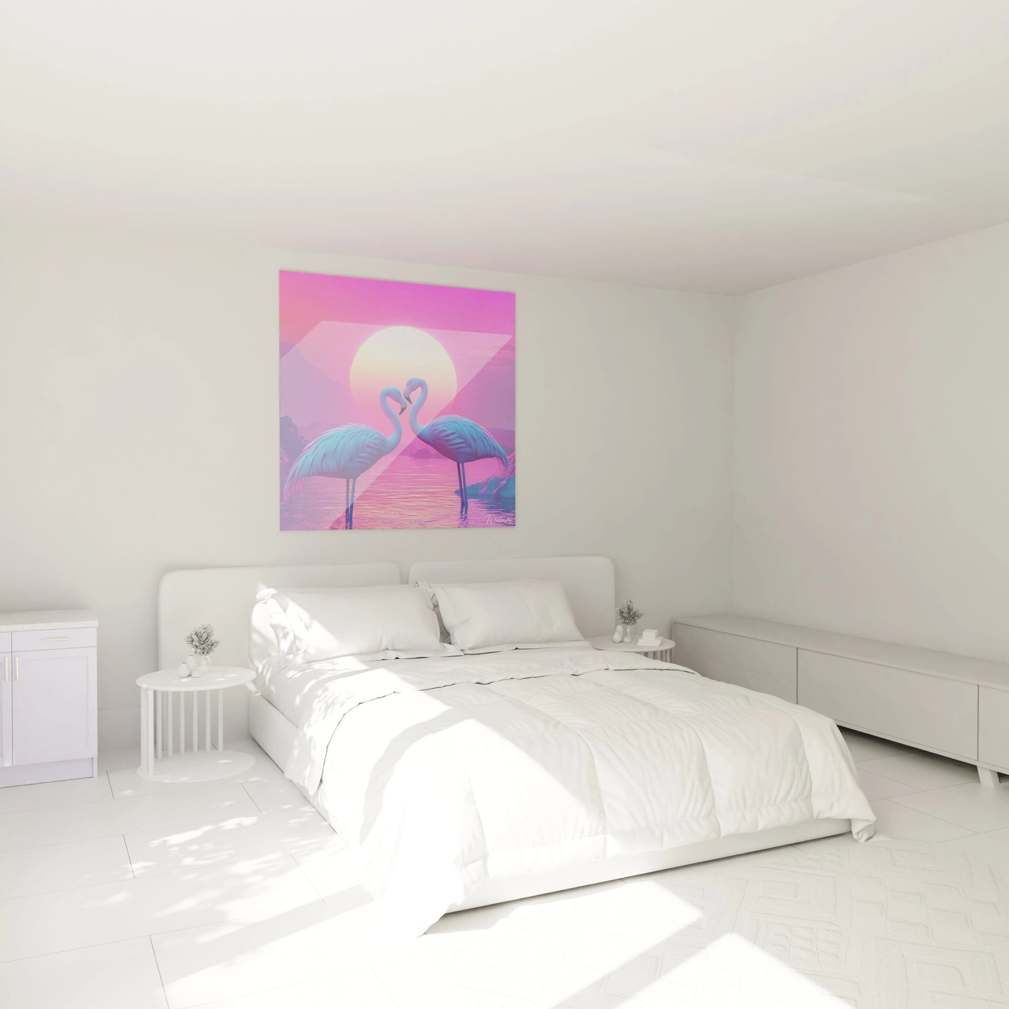 Tableau flamant rose Walensky dans une chambre lumineuse avec coucher de soleil coloré