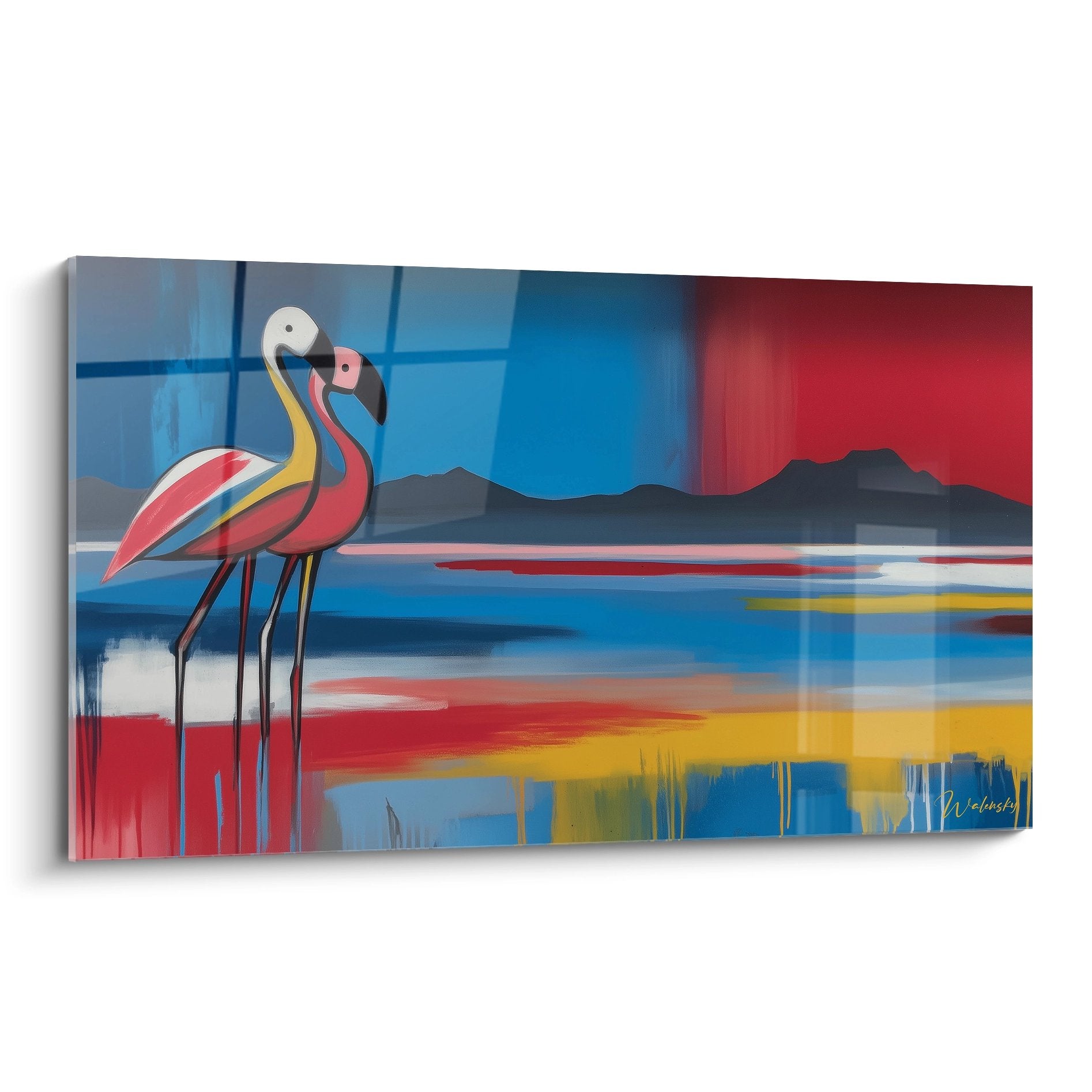 Tableau mural flamants roses stylisés dans paysage désertique coloré art contemporain