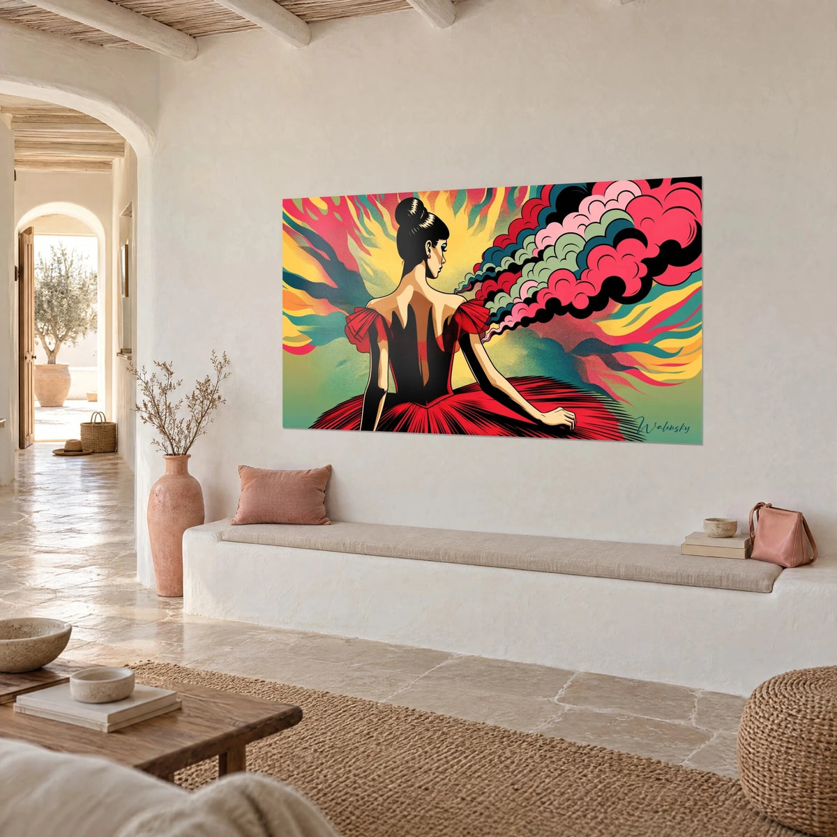 Wall art pop art ballerina in a black bodice and scarlet skirt, teal swirls and pink smoke, whitewashed wall, alcove bench