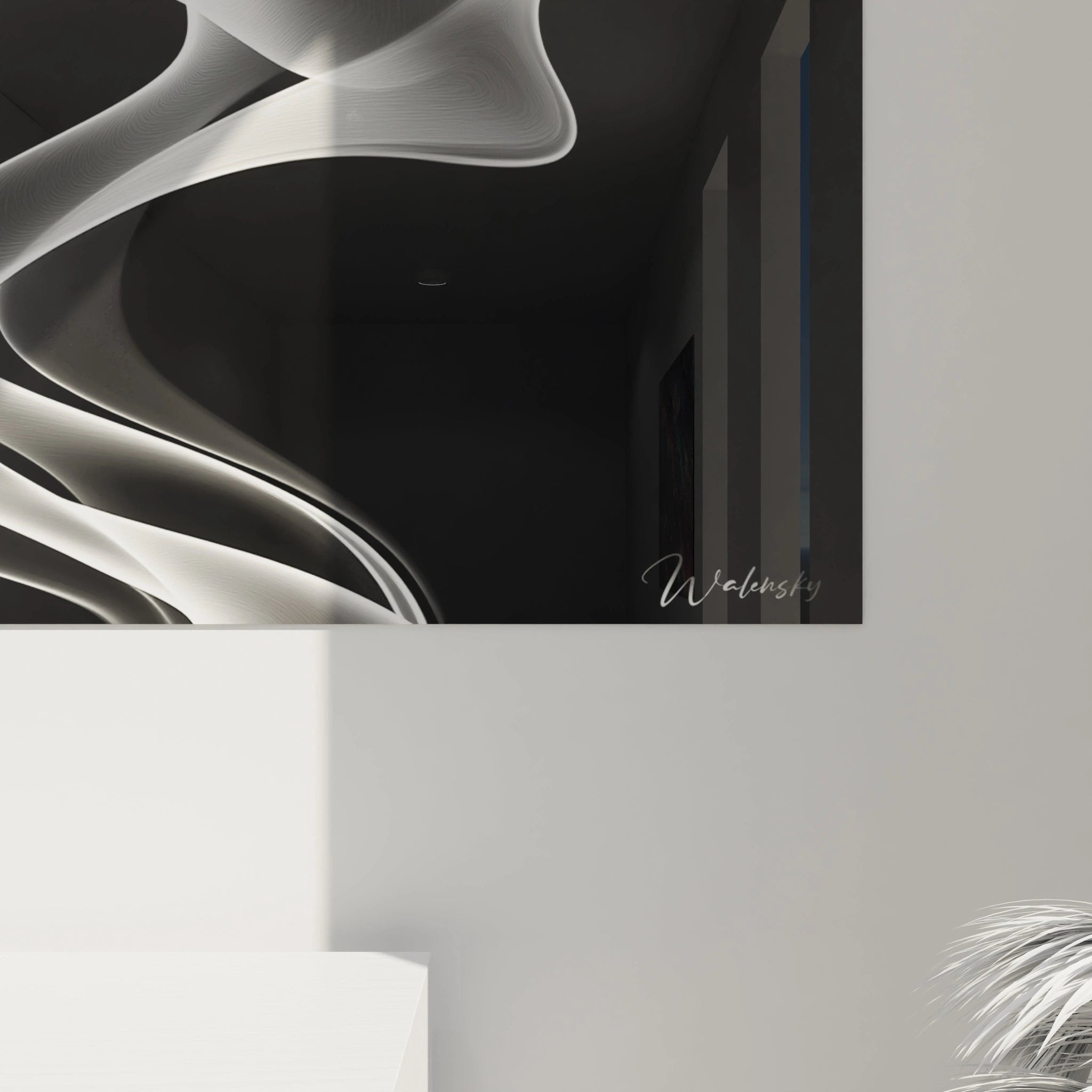 Un tableau fumée minimaliste composé uniquement de blanc et noir. Les silhouettes éthérées blanches serpentent gracieusement à travers l'espace sombre, créant un contraste saisissant et une texture visuelle complexe malgré la simplicité chromatique.
