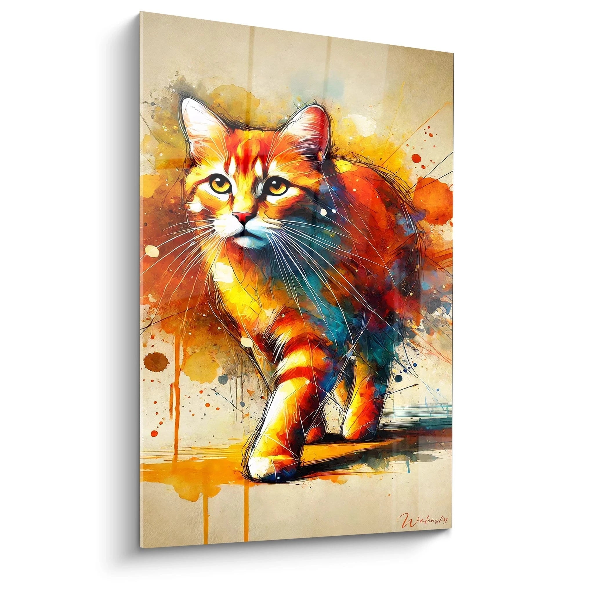 Ce tableau chat unique aux couleurs vives et contrastées attire immédiatement le regard. La vue de biais met en valeur les détails minutieux et la profondeur de cette œuvre moderne et dynamique.