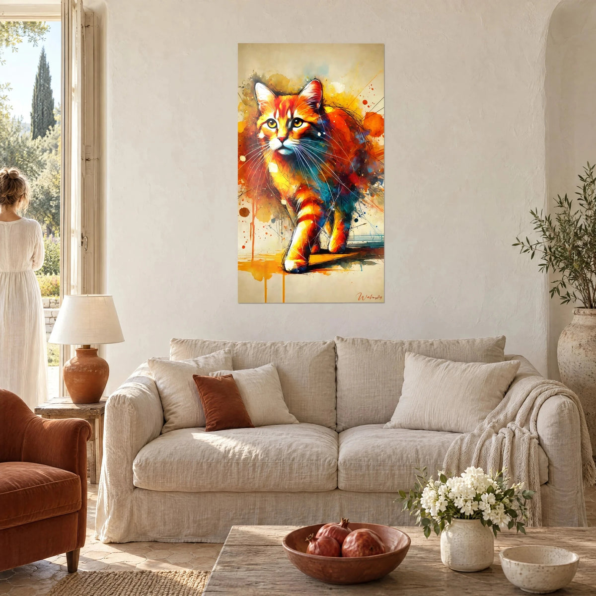 Wall art ginger cat in watercolour, orange and yellow fur splashed with turquoise blue, woman seen from behind above a sofa in a bright living room
