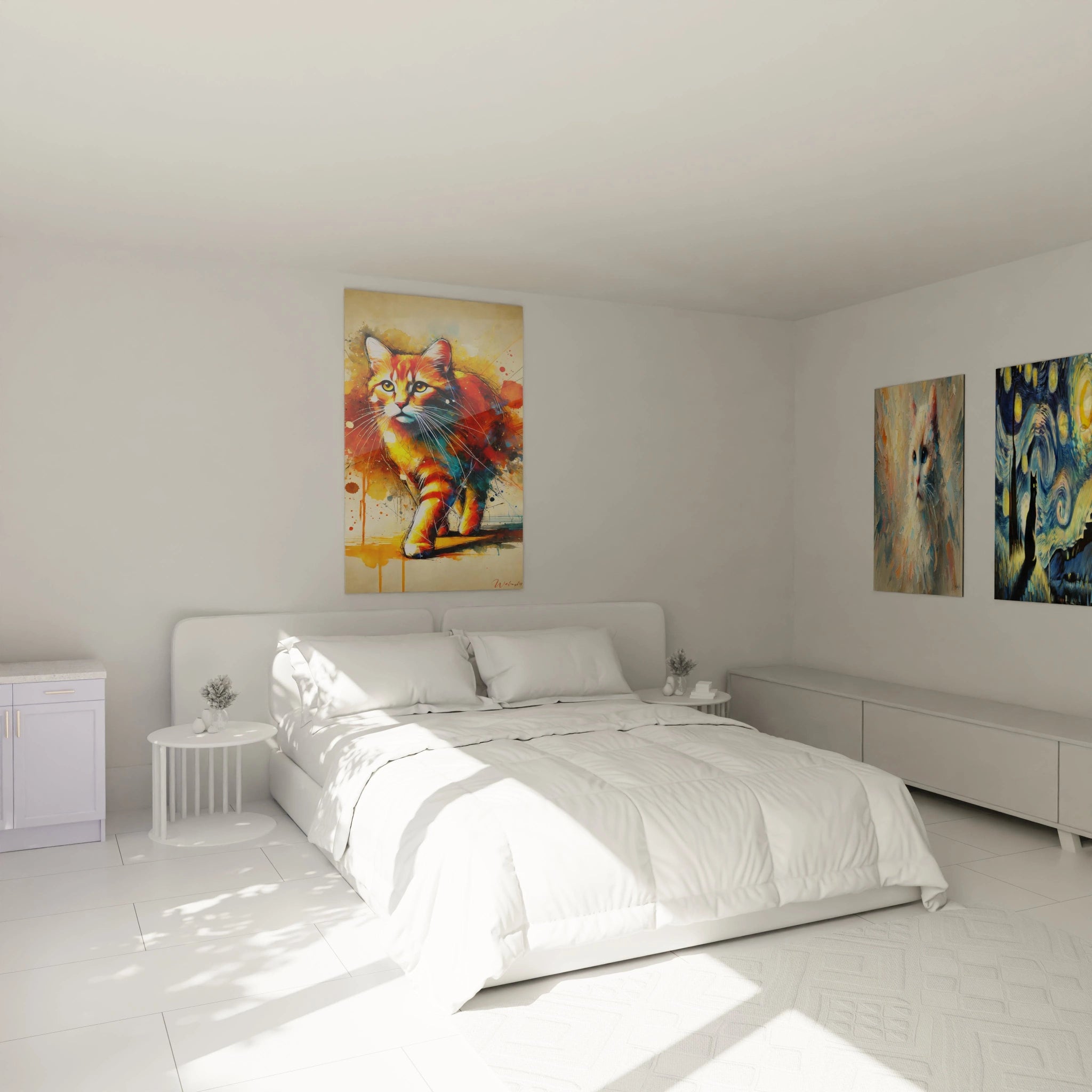 Apportez de l énergie à votre chambre avec ce tableau chat accroché au-dessus du lit. Les teintes chaudes et abstraites ajoutent une touche artistique qui rend l espace plus vibrant et accueillant.