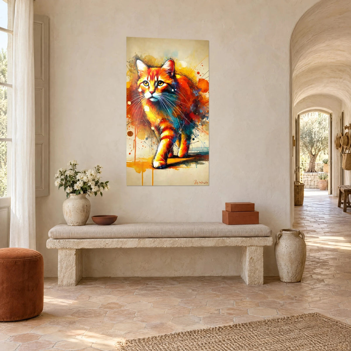 Wall art feline with amber eyes advancing through a cloud of orange and teal spots, fine whiskers, on the white wall of a Provençal farmhouse
