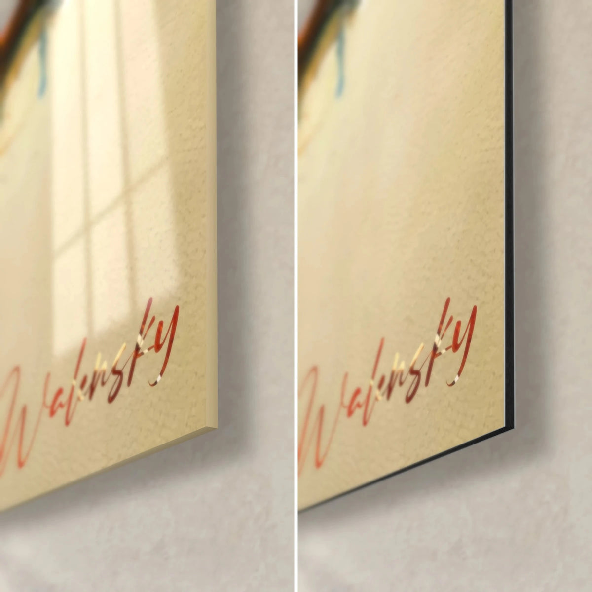 Wall art ginger cat on the move, bottom right corner: glossy acrylic glass on the left, matte Dibond on the right, red signature, black 3 mm edge