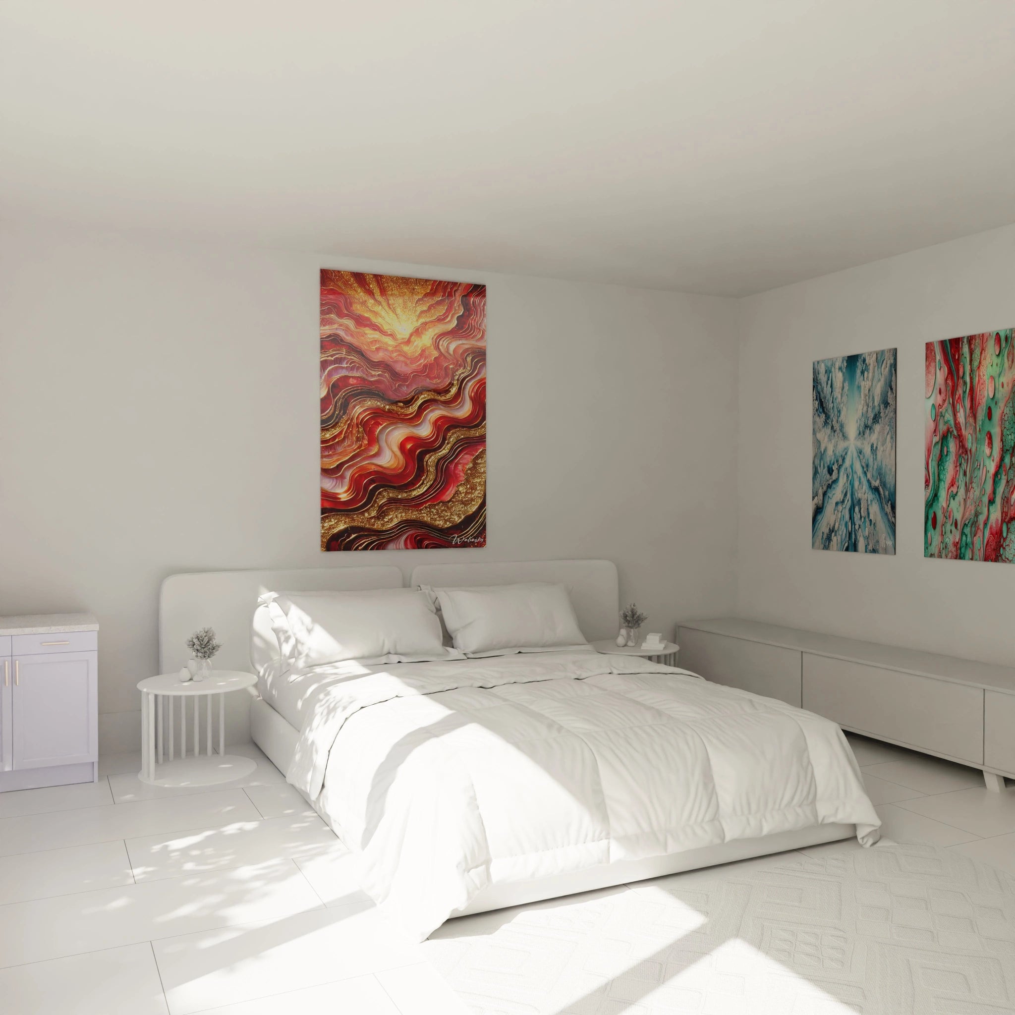 Tableau style epoxy accroché au-dessus du lit dans une chambre lumineuse, illuminant l’espace avec sa chaleur dorée et rouge, créant une ambiance apaisante et énergisante à la fois.

