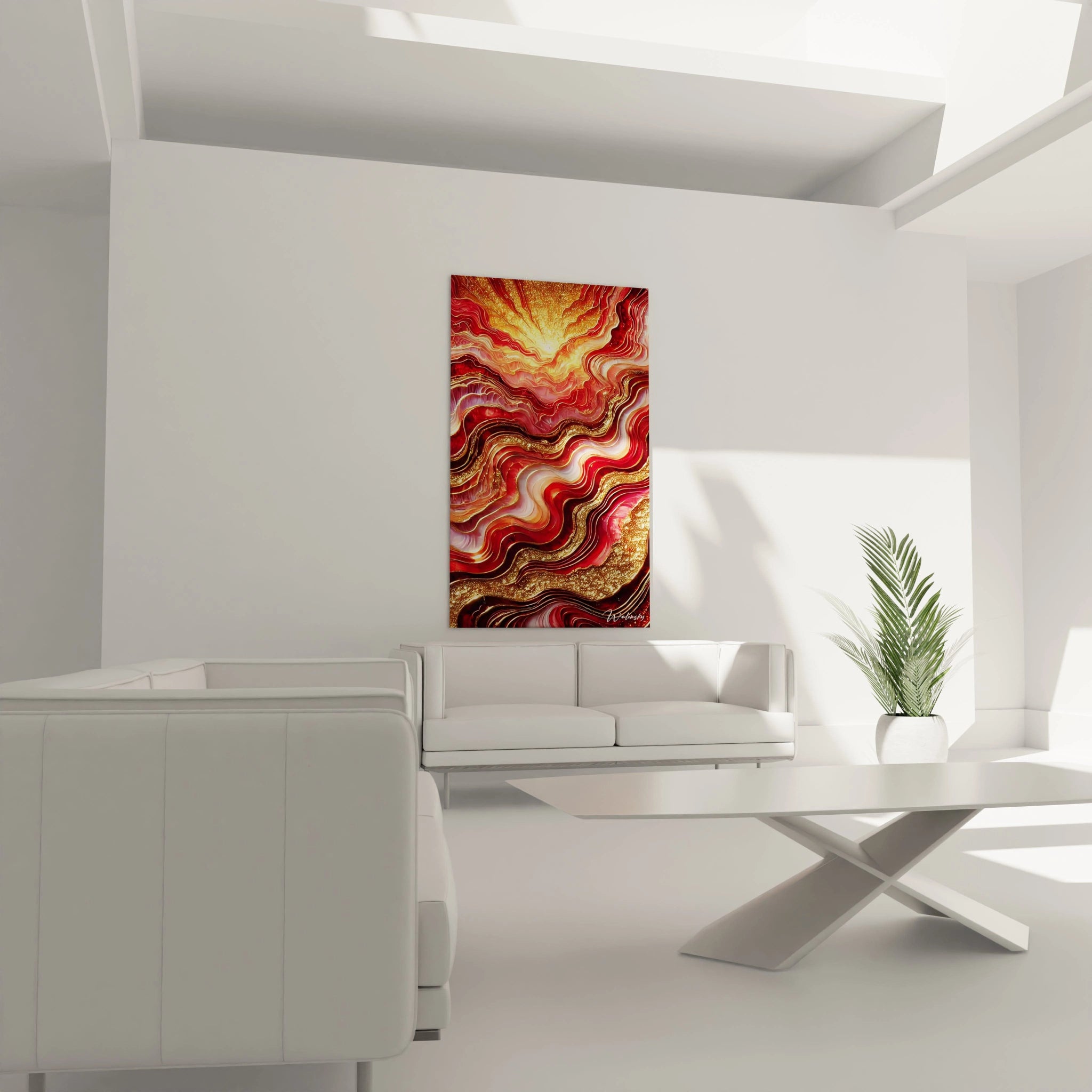 Tableau style epoxy suspendu au-dessus d’un canapé, sa texture ondulante et ses couleurs dorées et rouges apportent dynamisme et chaleur à un salon contemporain, pour un effet captivant.

